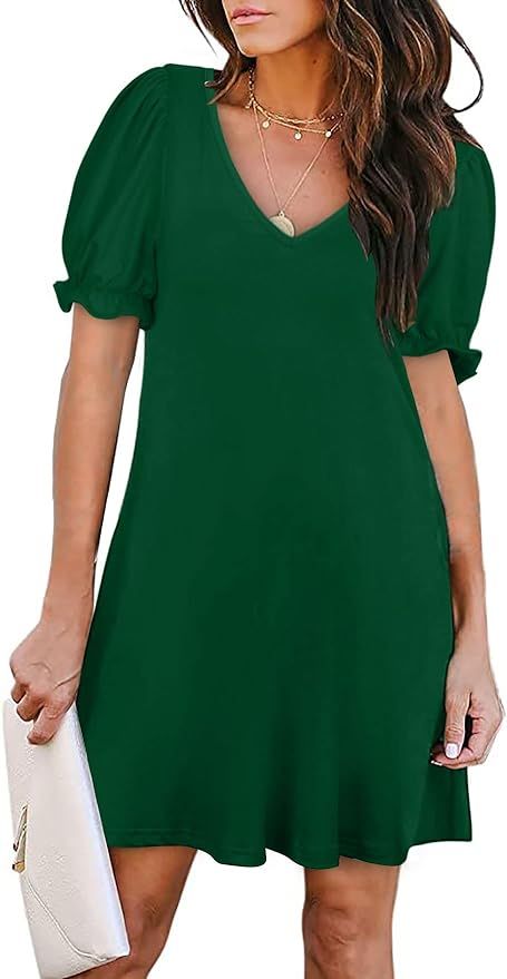 Aloodor Women's Casual Dresses Short/Long Sleeve V-Neck Dress with Pockets | Amazon (US)