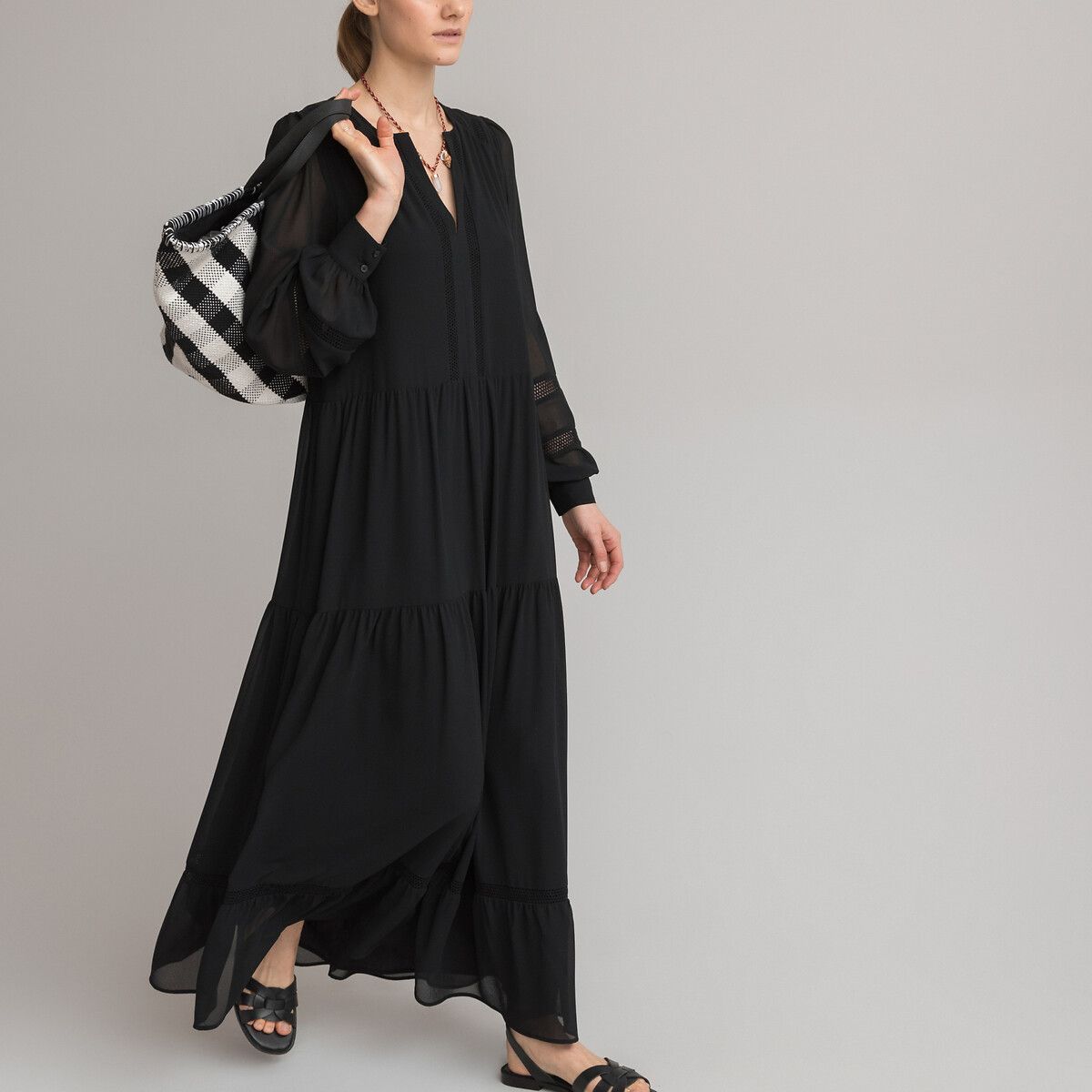 Recycled Tiered Maxi Dress with Long Voile Sleeves | La Redoute (UK)
