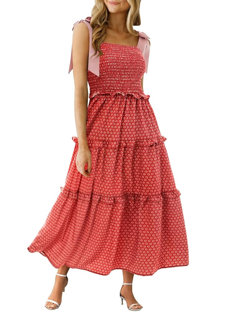 Wenrine Womens Summer Floral Maxi Dress Smocked Tie Shoulder Boho Sleeveless Ruffle Tiered Casual... | Amazon (US)