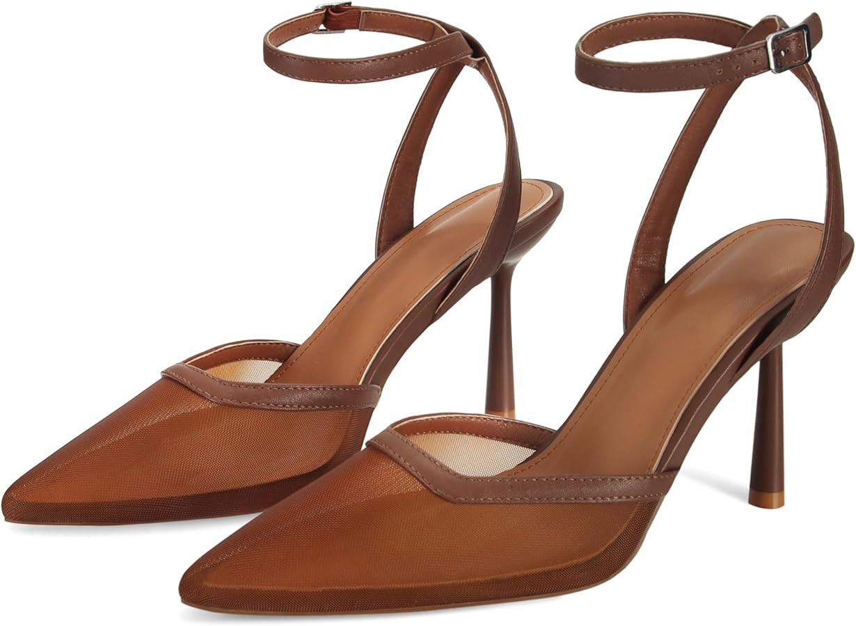 Closed Toe Mesh Heels for Women Pointed Toe Ankle Strap Stiletto Heeled Sandals Wedding Evening D... | Amazon (US)