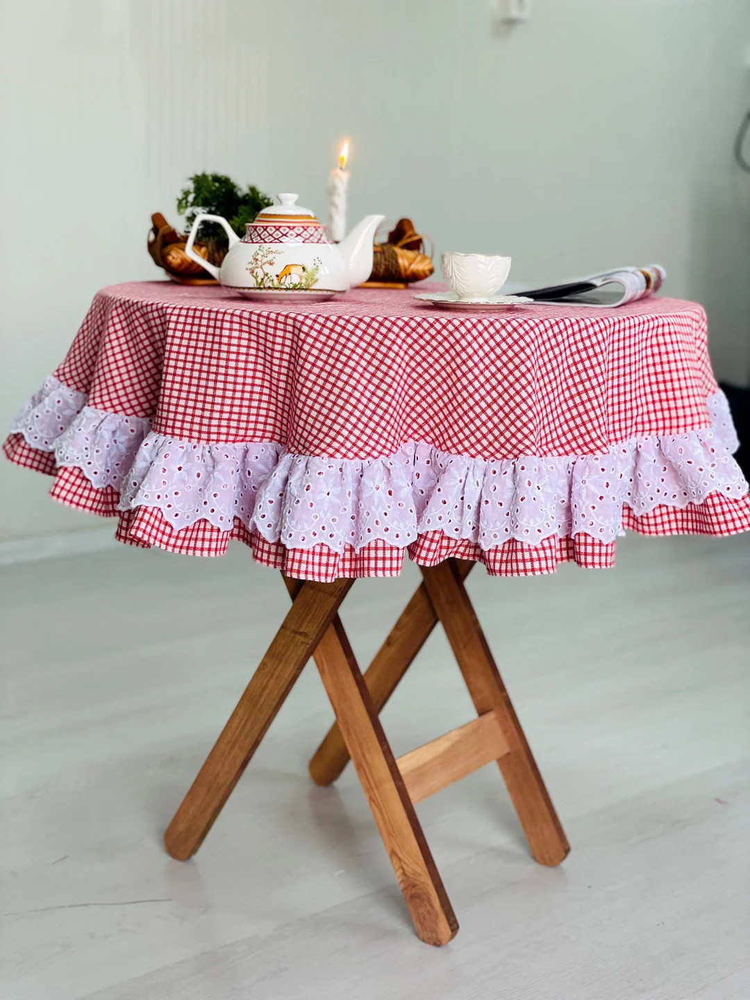 Round Linen Tablecloth in Red Gingham, Country Farmhouse Frilly Tablecover, Gingham Ruffled Handm... | Etsy (US)
