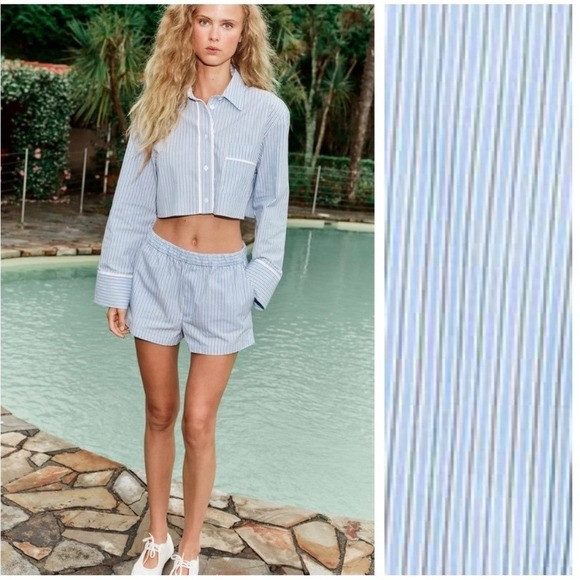 Zara Blue/White Poplin Striped Lapel Collar Cropped Shirt - M EUC | Poshmark