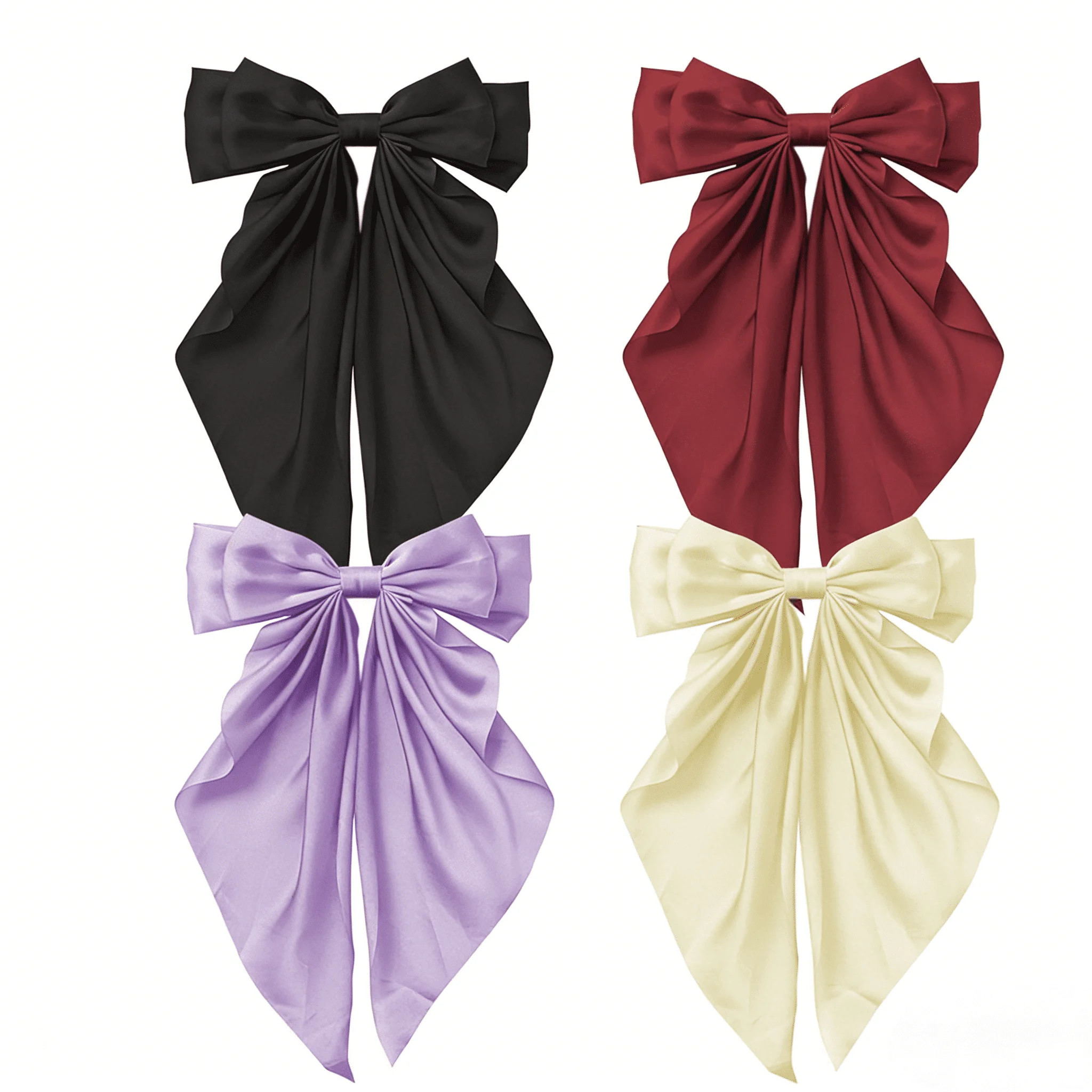 4 Pcs Large Satin Ribbon Hair Bows for Women, Long-Tail Coquette Bow Hair Clips, Oversized Cute Silk Bow Barrettes Hair Accessories Girls Teens (Beige, Wine Red, Purple, Black) - Walmart.com | Walmart (US)