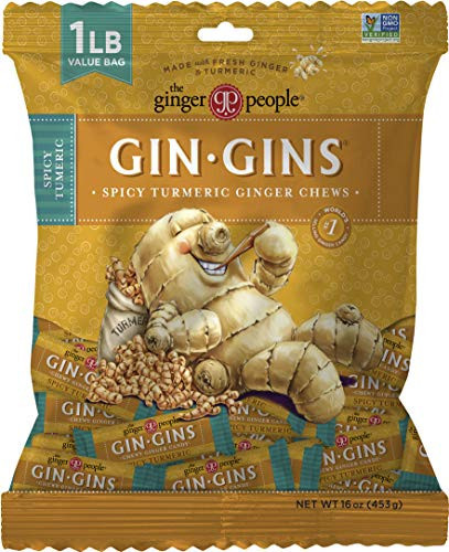 Gin GINS Spicy Turmeric Chewy Ginger Candy by The Ginger People – Anti-Nausea and Digestion Aid, Individually Wrapped Healthy Candy - Spicy Turmeric and Ginger Flavor, Large 1 lb Bag (16oz) - Pack of | Amazon (US)