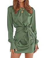 PRETTYGARDEN Women's 2022 Fall Satin Dress Long Sleeve Tie Waist Elegant Cocktail Party Mini Dres... | Amazon (US)