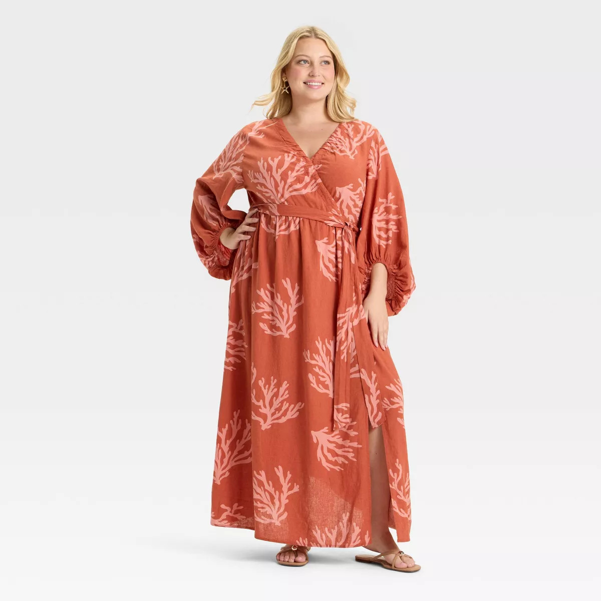 Women's Bishop Long Sleeve Maxi Wrap Dress - Ava & Viv™ Rust Coral Print 1X | Target