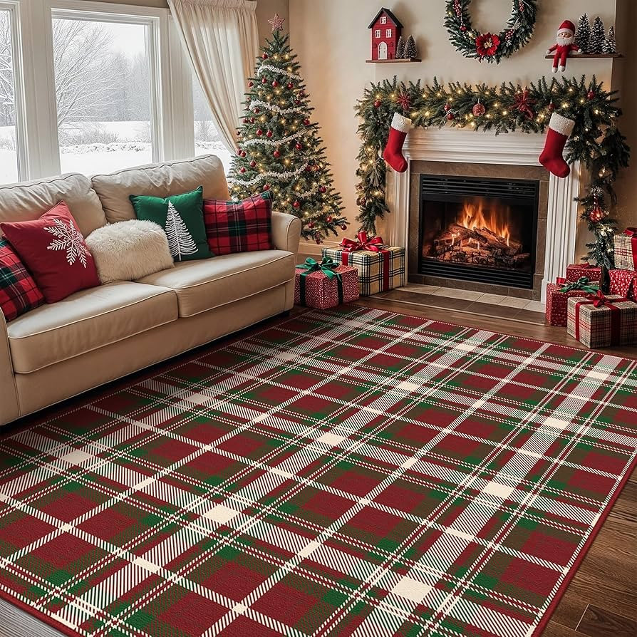 Christmas 6x9 Area Rugs for Living Room Bedroom,Xmas Checkered Buffalo Plaid Rug,Machine Washable... | Amazon (US)