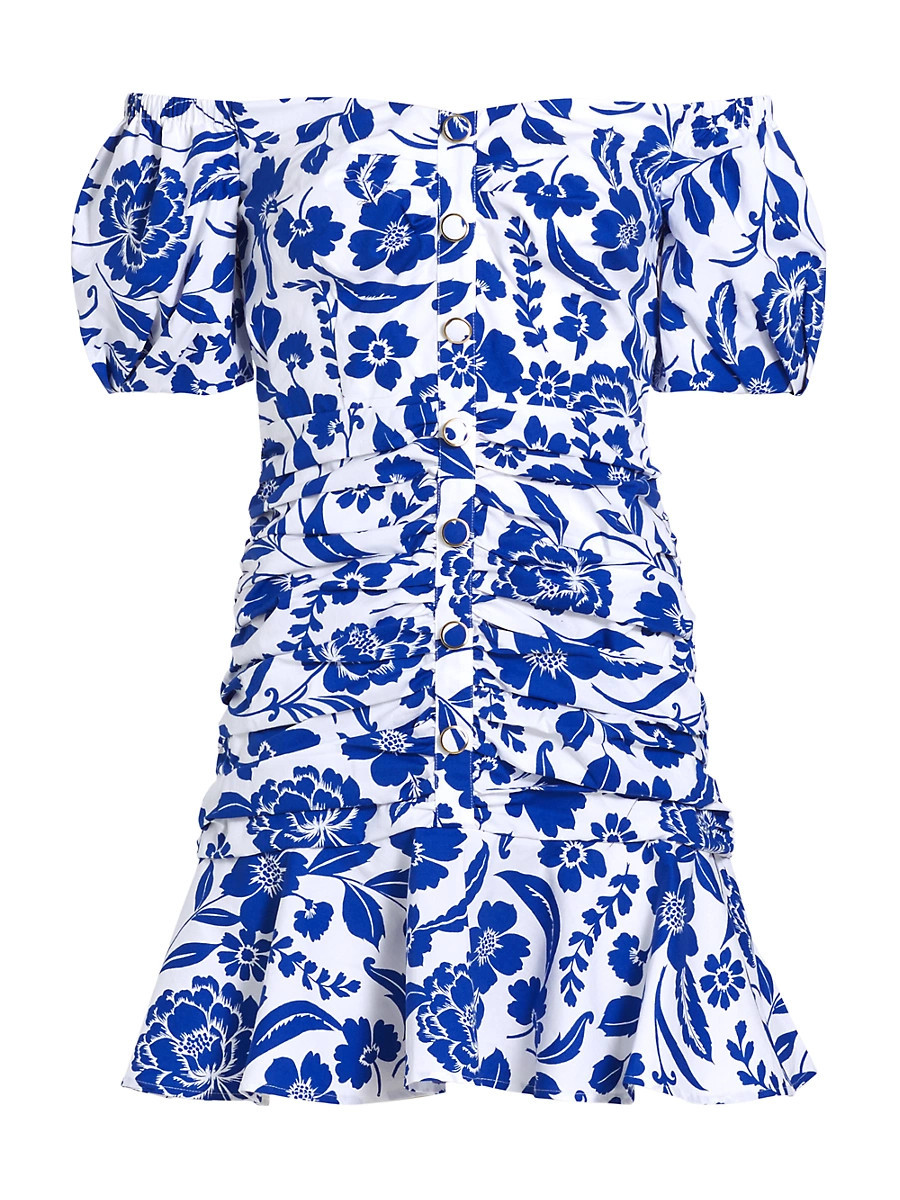 Women's Flowers Of Spain Ruched Cotton Poplin Minidress - Blue White - Size 4 | Saks Fifth Avenue