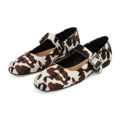 DOEYG Brown Cow Print Mary Janes Flats for Women Square Toe Ballet Flats Shoes Buckle Strap Dressy Comfortable Casual Ballerina Shoes Size 8.5 | Amazon (US)