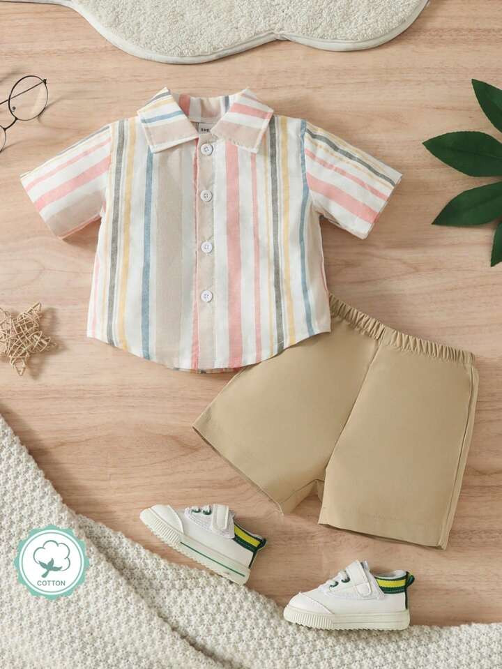 SHEIN 2pcs/Set Baby Boy Casual Retro Vacation Daily Wear Colorful Striped Fabric Turn-Down Collar... | SHEIN