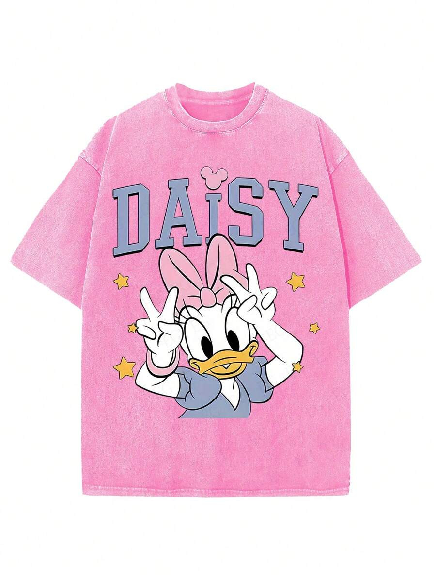 LocalDisney Authorized | Women's T-Shirt-Playful Daisy Pattern And Star Heart -100 Cotton Washed ... | SHEIN