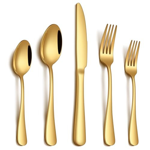 PHILIPALA 20 Piece Gold Silverware Set, Stainless Steel Flatware Set for 4 Food Grade Cutlery Utensil Set Include Knife Fork Spoon Mirror Polished Dishwasher Safe | Amazon (US)