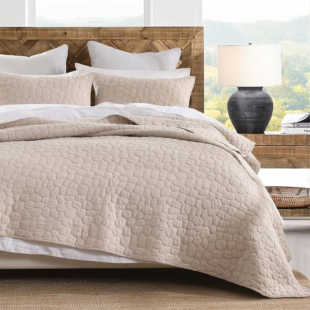 100% Cotton Quilt Set King Size, Beige Pre-washed Bedspreads Coverlet Set with Cobblestone Patter... | Amazon (US)