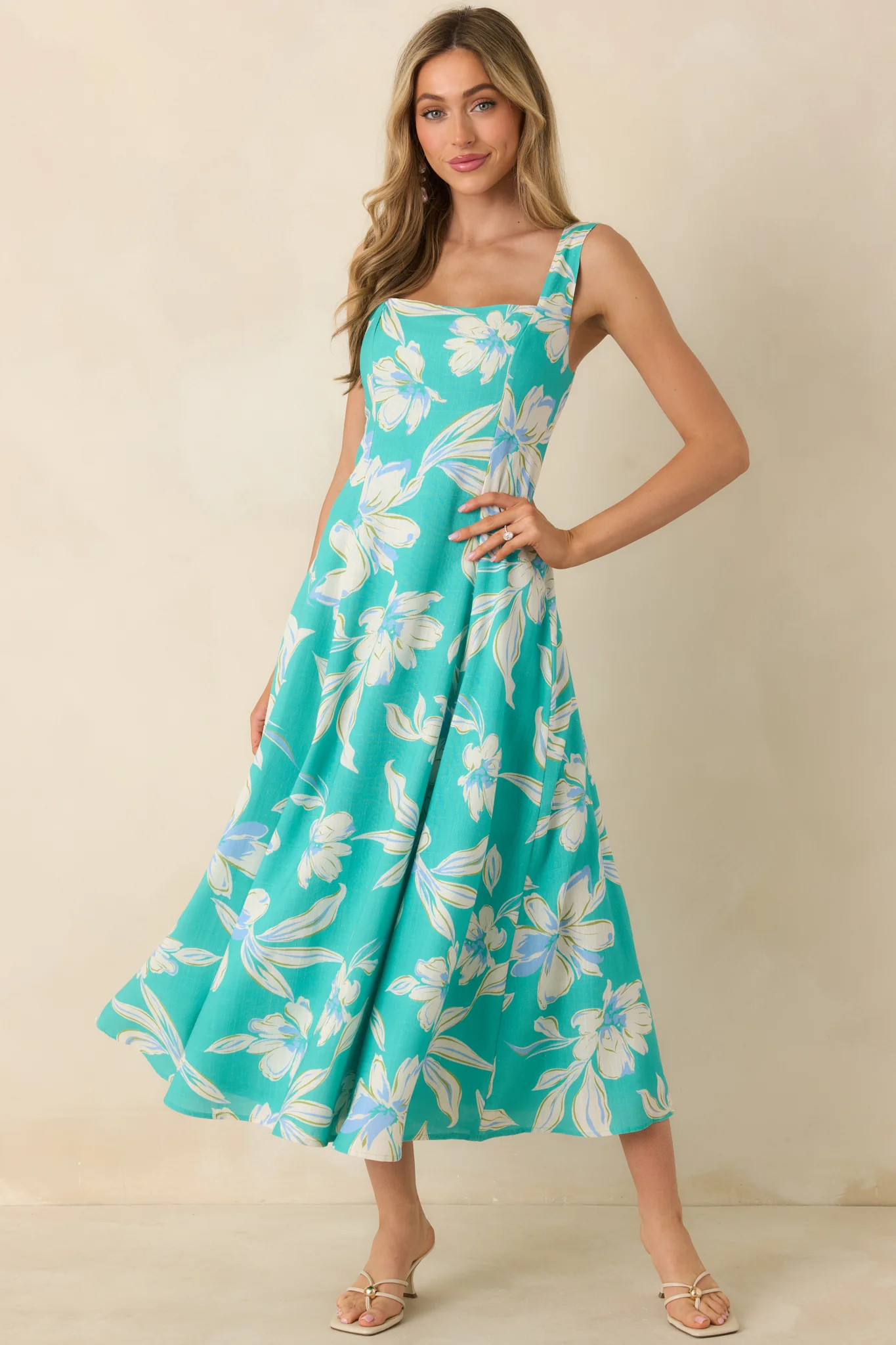 Laguna Bloom Turquoise Multi Floral Sleeveless Midi Dress | Red Dress