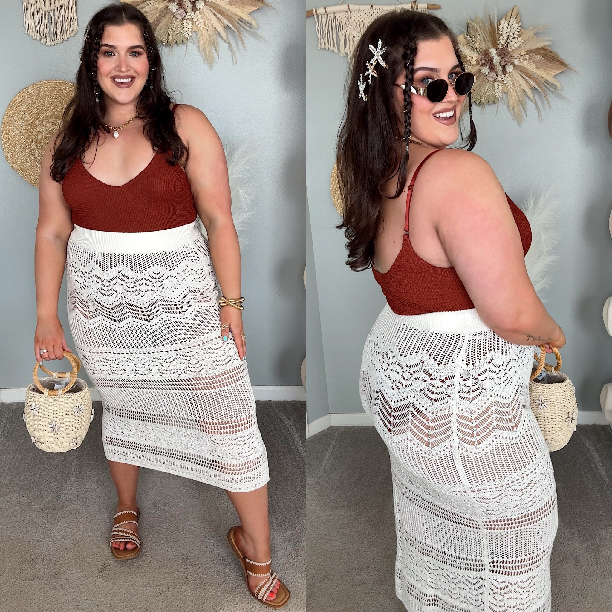 Beach vacation resort wear outfits 🌴 Brown scrunch one piece swimsuit XXL, crochet coverup skirt XL 🐚 Designer lookalike sunglasses, straw tote, star fish hair clips giving little mermaid vibes 🧜‍♀️ 🫧 

#LTKstyletip #LTKswim #LTKplussize