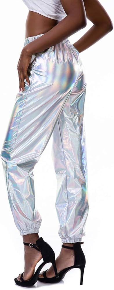 SIAEAMRG Womens Shiny Metallic High Waist Stretchy Jogger Pants, Wet Look Hip Hop Club Wear Holog... | Amazon (US)