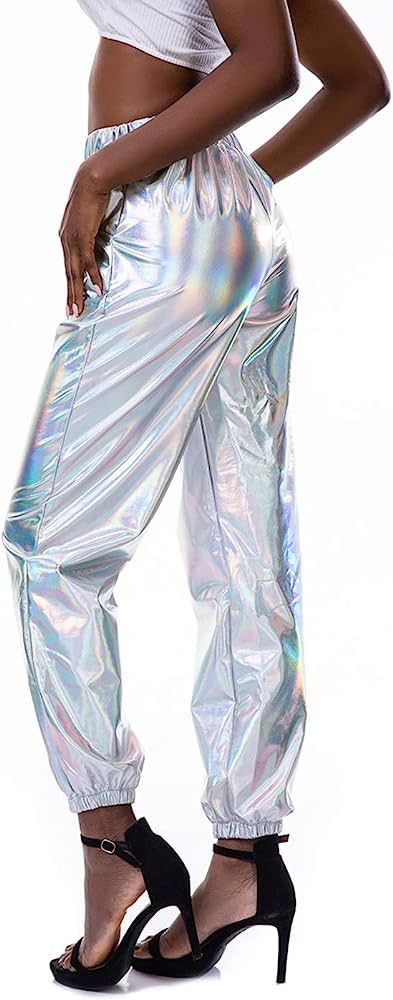SIAEAMRG Womens Shiny Metallic High Waist Stretchy Jogger Pants, Wet Look Hip Hop Club Wear Holog... | Amazon (US)