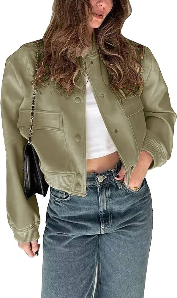 Amazon.com: Megfie Womens Cropped Bomber Jacket Button Down Varsity Jackets Shackets With Pockets... | Amazon (US)