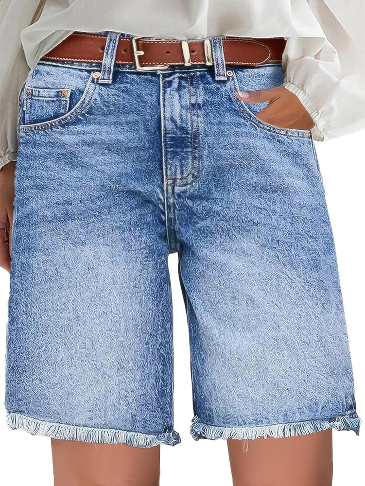 Flamingals Straight Leg Bermuda Shorts for Women High Waist Knee Length Raw Hem Casual Summer Jea... | Amazon (US)