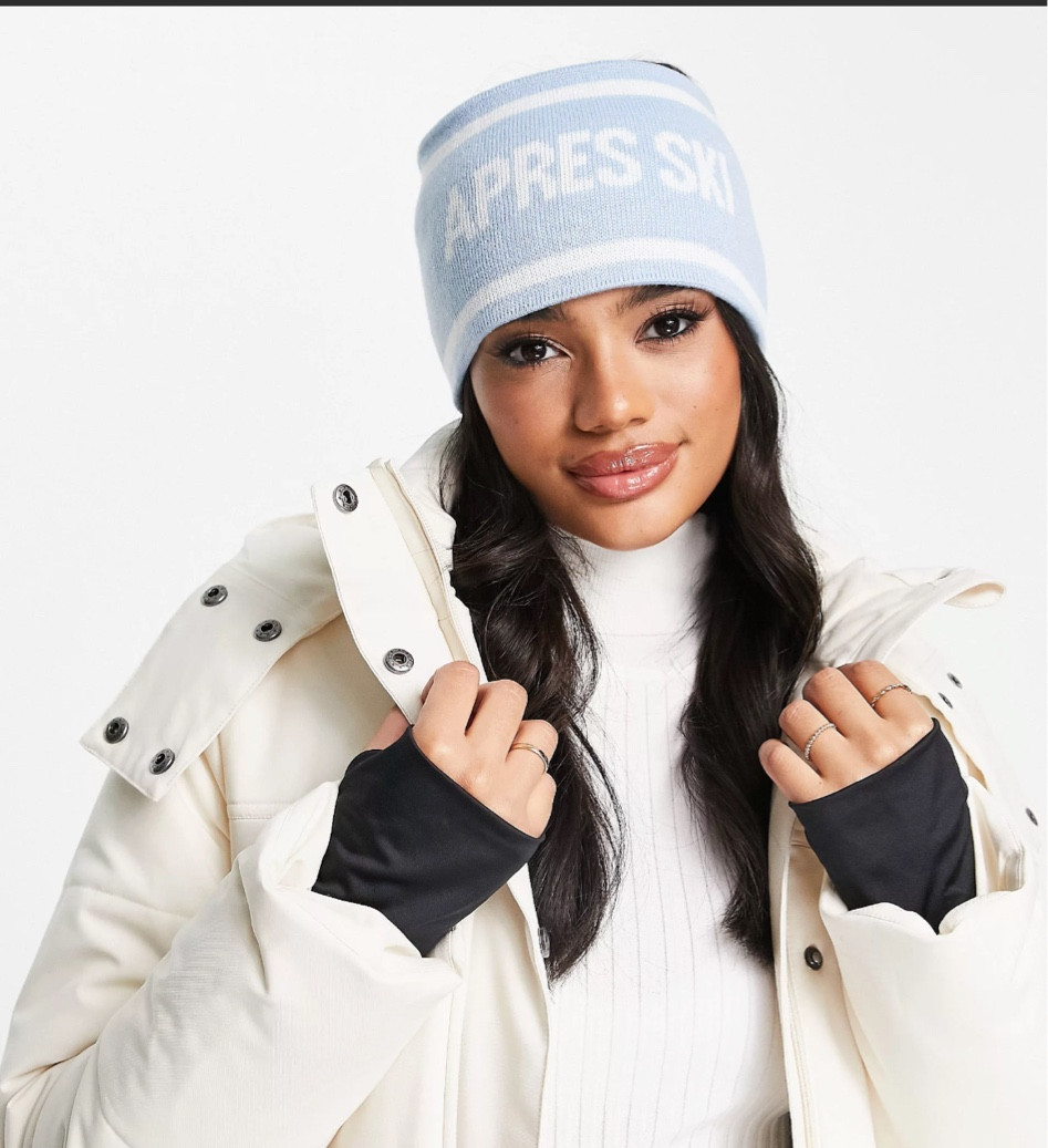 Apres ski blue and white headband

Snow hat 
Ski ear warmer headband
