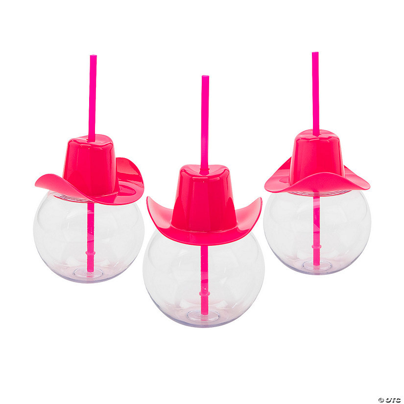 24 oz. Round Reusable Plastic Cups with Pink Cowboy Hat Lids & Straws - 6 Pc. | Oriental Trading Company