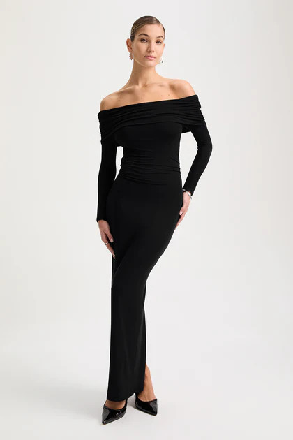 365 RUCHED SIDE BARDOT MAXI DRESS - SHADOW BLACK | TALA (UK)