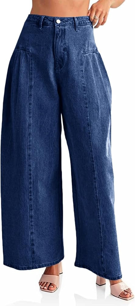 PLNOTME Womens Baggy High Waisted Jeans Loose Boyfriend Wide Leg Side Pleated Denim Pants | Amazon (US)