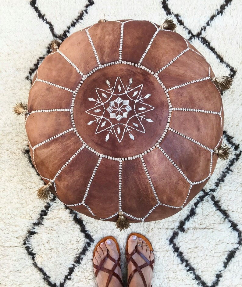 Summer 30% OFF Pouf Sale>>Tan Brown Moroccan Leather Pouf Tassels & Pompoms >Home gift, wedding g... | Etsy (CAD)