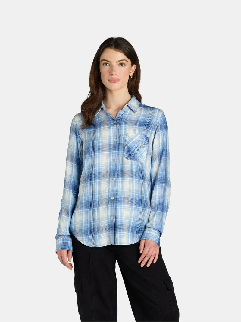 Time and Tru Women's Soft Button Up Shirt with Long Sleeves, Sizes XS-XXXL | Walmart (US)