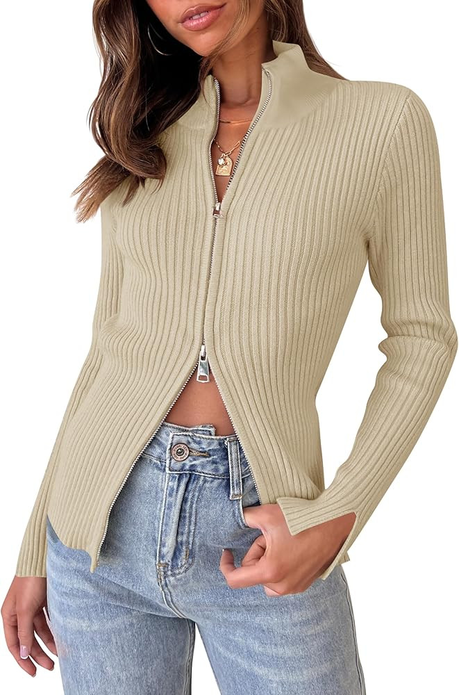 ZESICA Women's Zip Up Sweater 2023 Long Sleeve V Neck Shirt Fall Ribbed Knit Slim Fitted Casual T... | Amazon (US)