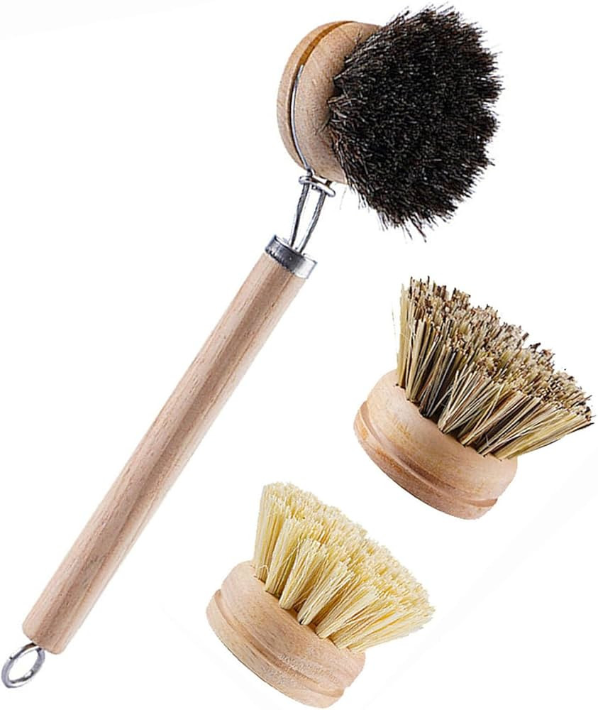 Bamboo Dish Brush with Handle, 1 Sturdy Wooden Handle with 3 Natural Bristle Heads, Horsehair, Si... | Amazon (US)