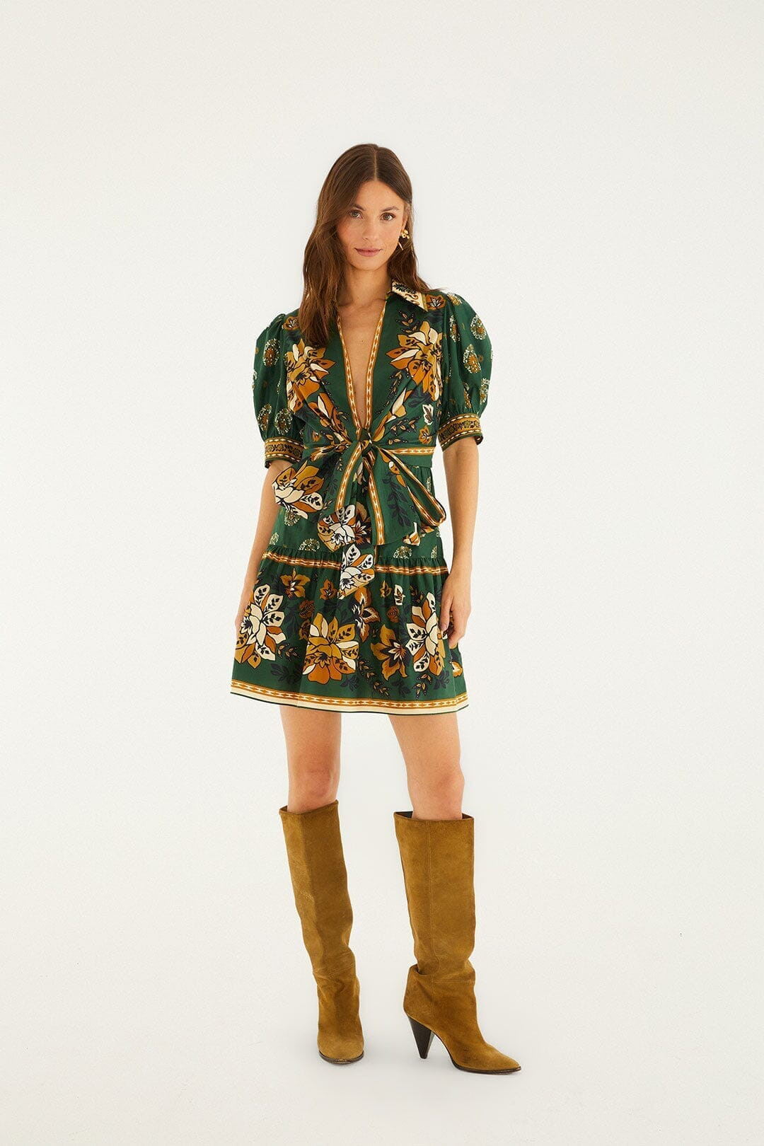 Green Ayla Short Puff Sleeve Organic Cotton Mini Dress | FARM Rio | FarmRio (US)