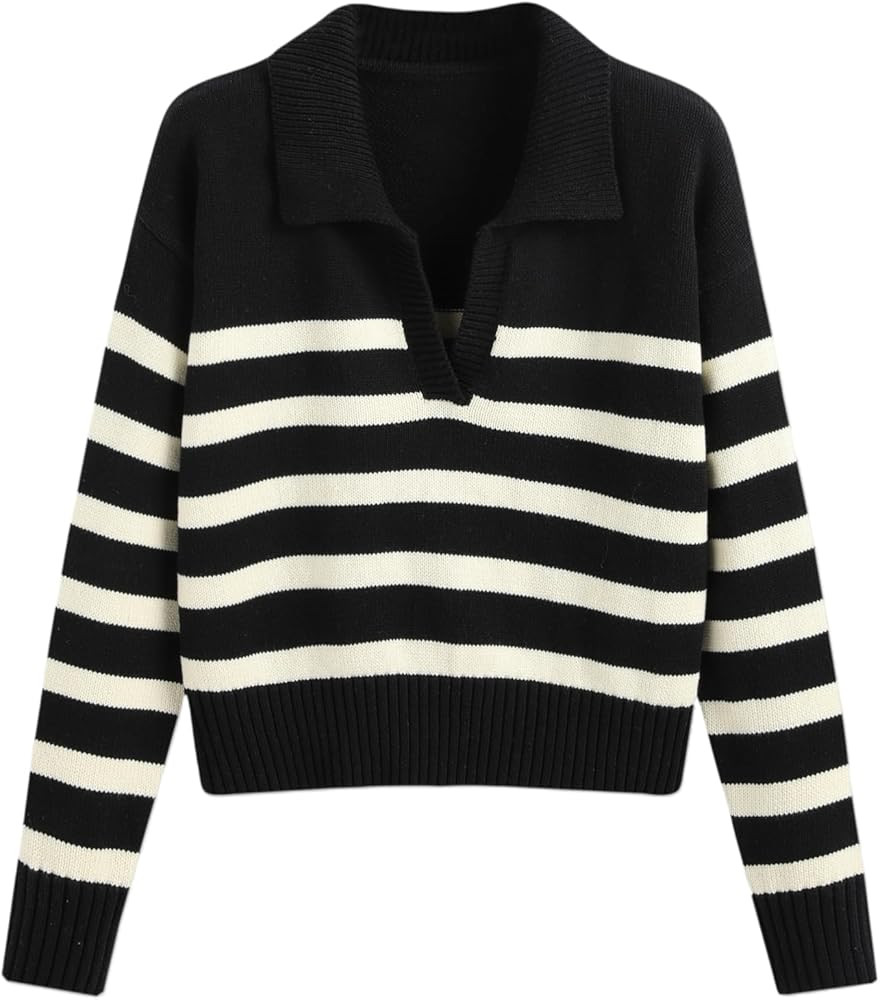 CIDER Women\u2019s Polo Sweater Striped Collared Lightweight Long Sleeve V Neck Pullover Spring S... | Amazon (US)