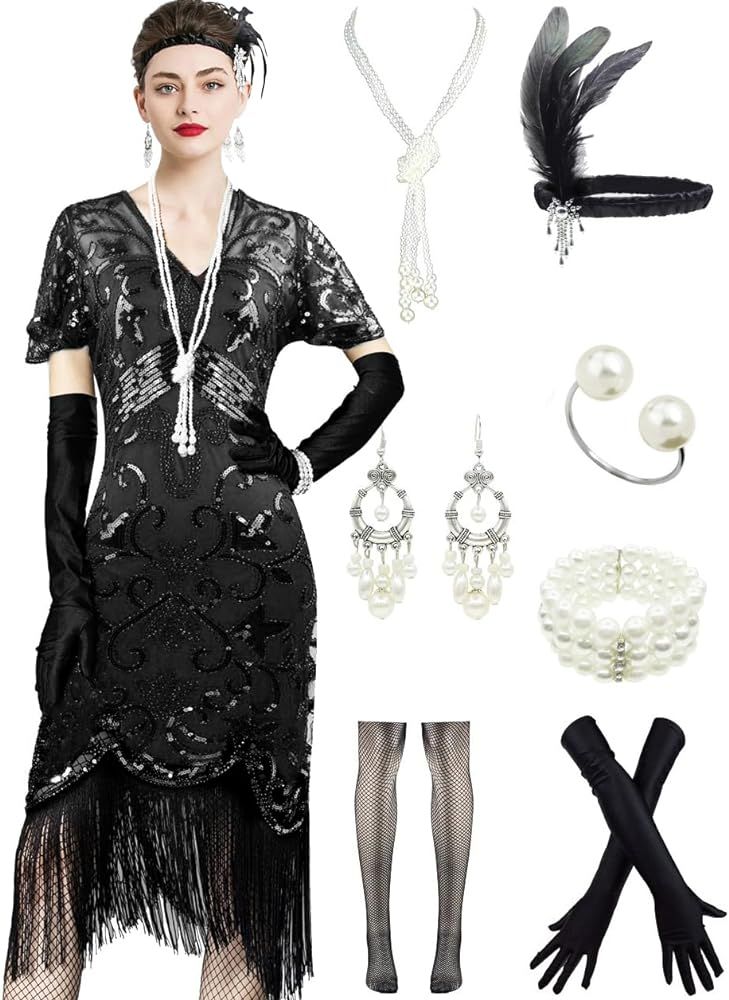 Women 1920s Gatsby Vintage Sequin Flapper Fringe Party Costume Dress with 20s Accessories Set | Amazon (US)