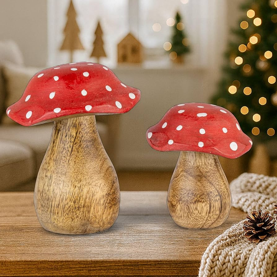 Mie Creations Wooden Mushrooms Set of 2 Decorative Figurines, Red Mushroom Art Decor for Table Ce... | Amazon (US)