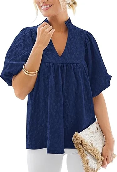 PRETTYGARDEN Womens Summer Tops 2025 Ruffle V Neck Blouses Loose Puff Short Sleeve Jacquard Babyd... | Walmart (US)