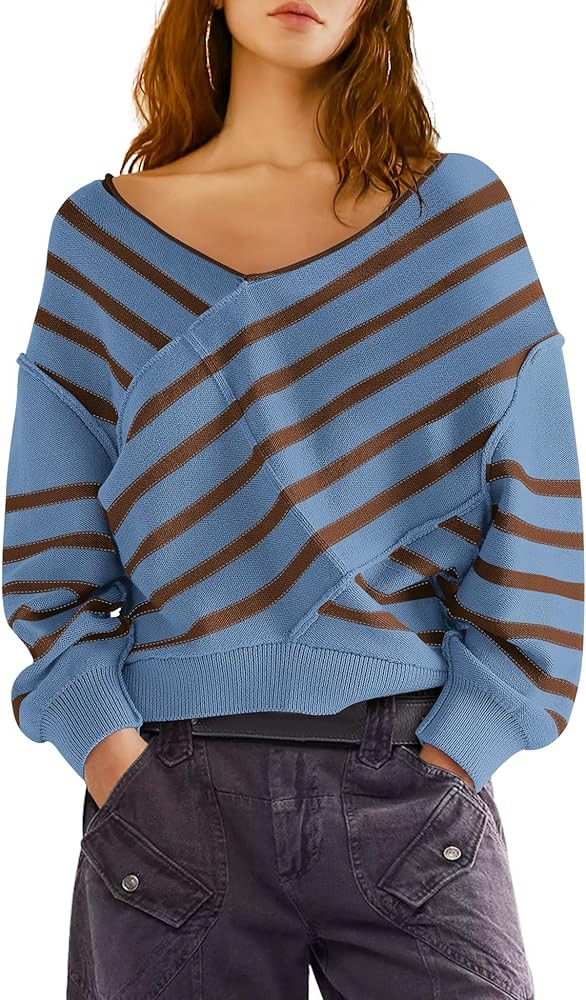 Panadila Womens Striped Off Shoulder Sweater Oversized Long Sleeve V Neck Sweater Tops Knitted Co... | Amazon (US)