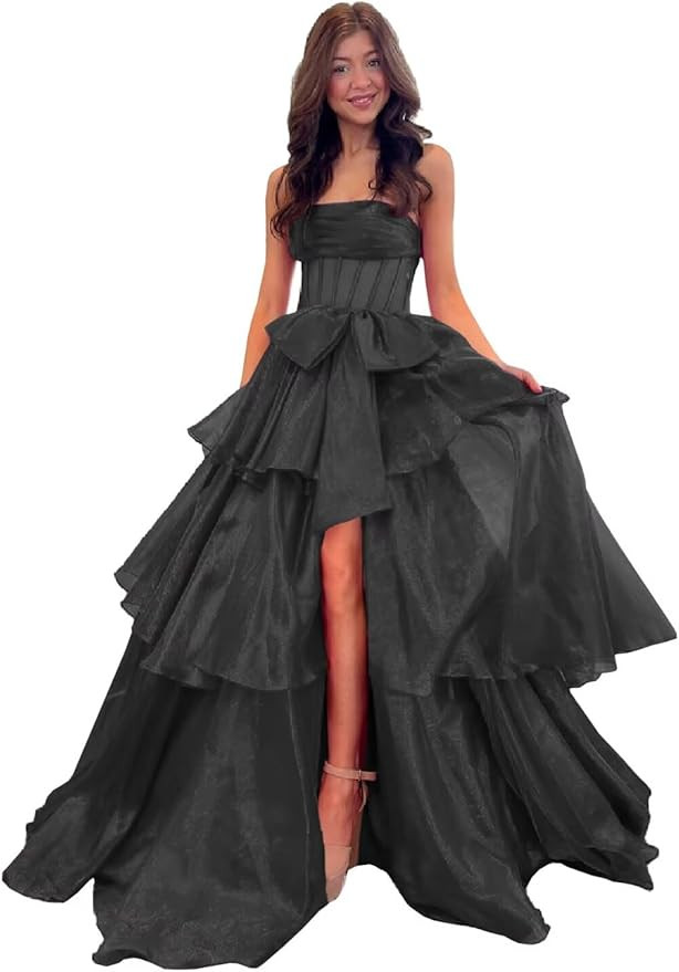 Women's Tulle Ruffles Prom Dress Long Sparkly Tiered Ball Gowns A Line Strapless Formal Evening D... | Amazon (US)
