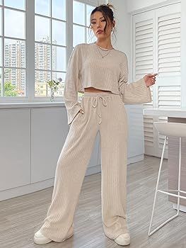 GORGLITTER Women's 2 Piece Rib Knit Outfits Long Sleeve Crop Top Tee and Wide Leg Pants Spring Wo... | Amazon (US)