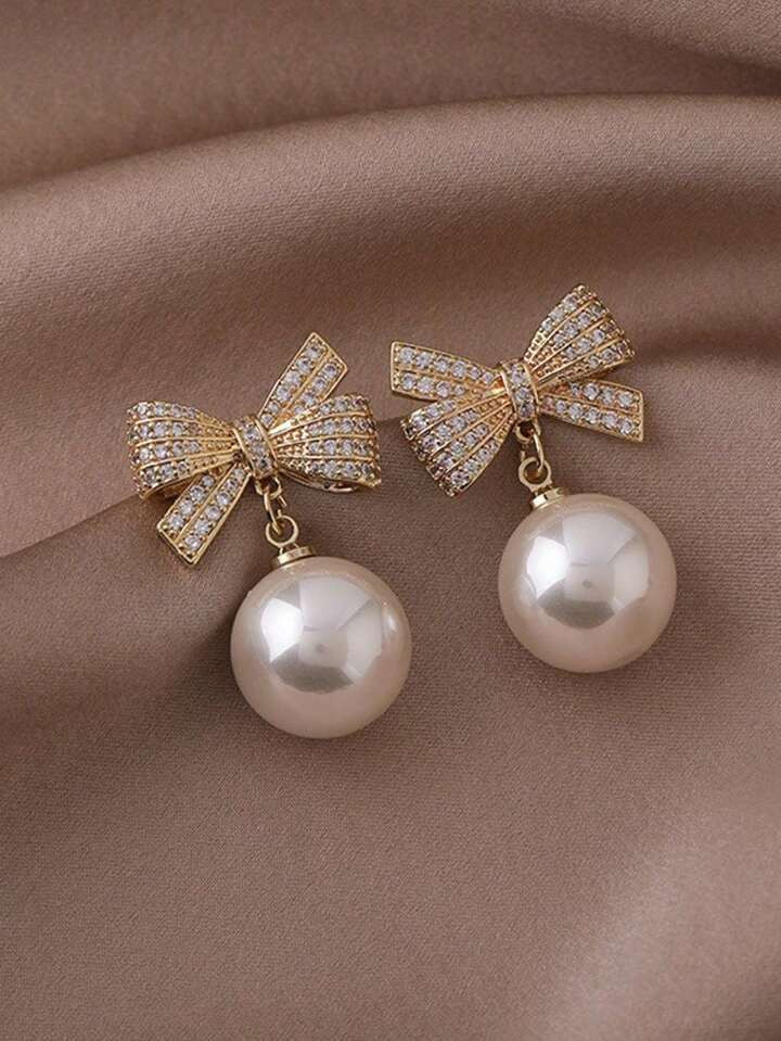 Trends1 paar modieuze legering strik-knoop witte kralen oorbellen voor vrouwen, geschikt voor ker... | SHEIN
