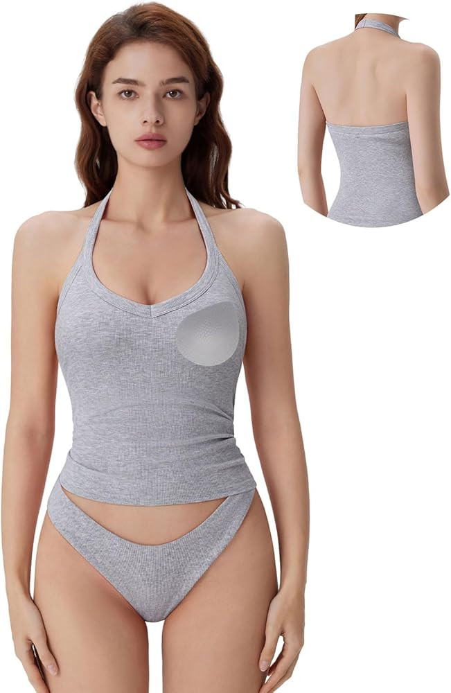 SUUKSESS Women Halter Tank Top with Built in Bra Cotton Ribbed V Neck Fitted Basic Going Out Summ... | Amazon (US)