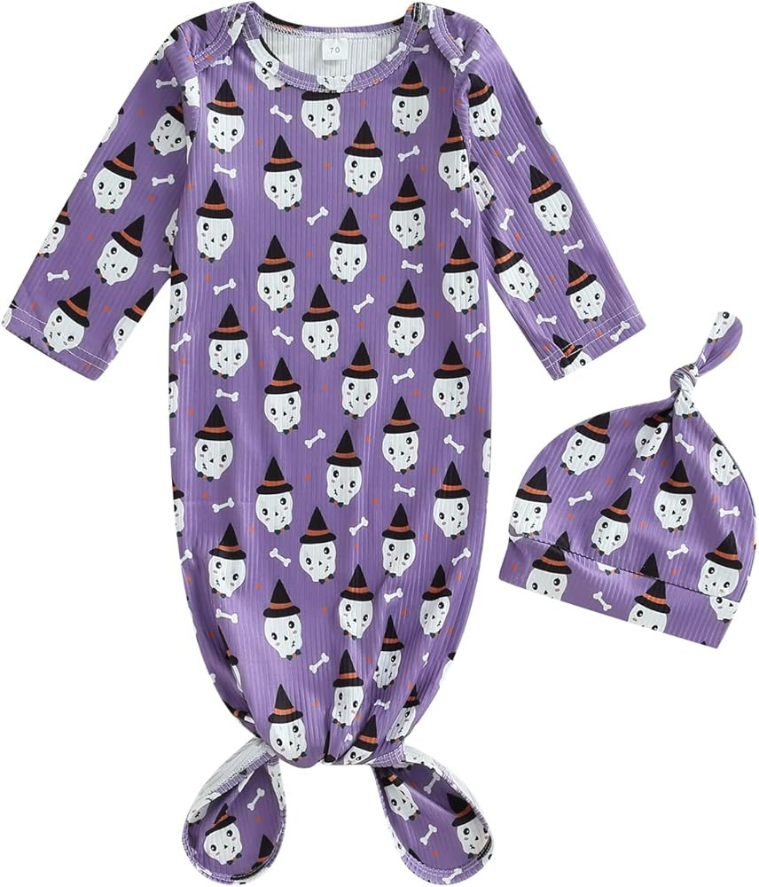 Amiblvowa Newborn Girl Boy Halloween Sleeper Long Sleeve Knotted Pumpkin Sleeping Gown Hat Outfit... | Amazon (US)
