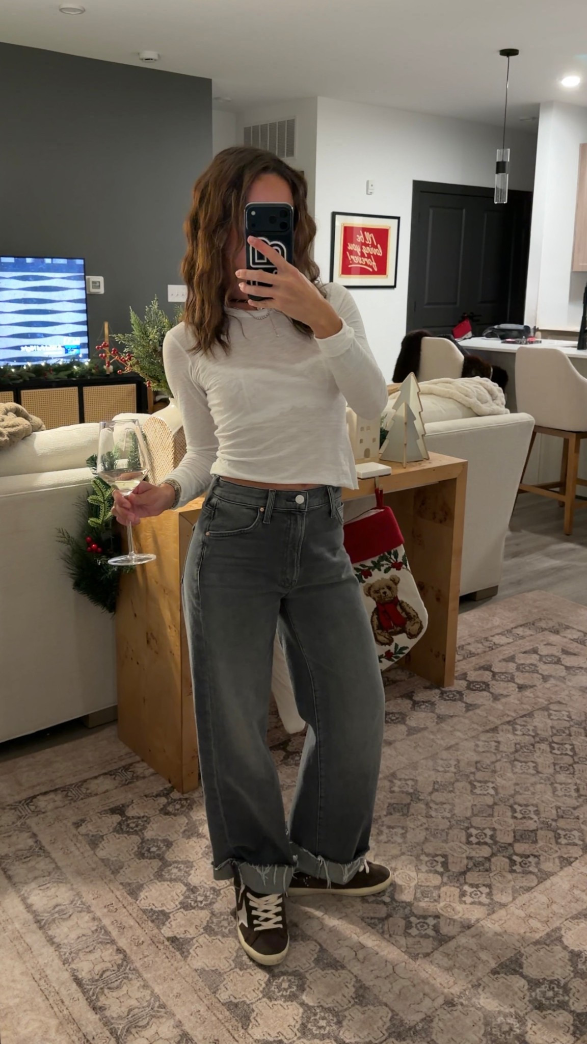 Wore for a casual night out with my Aritzia faux fur jacket! I cut the jeans w enough length to still cuff! Wearing 24 and 0 in the top!