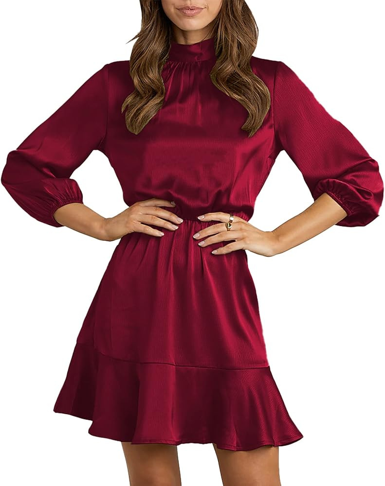 BTFBM Women's Satin Short Dress Long Lantern Sleeve Self Tie Back Crew Neck High Waist Dressy Ruf... | Amazon (US)
