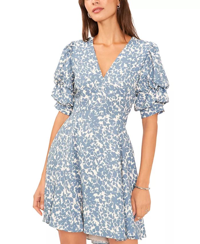 Women's Printed Puff-Sleeve Fit & Flare Dress | Macy's