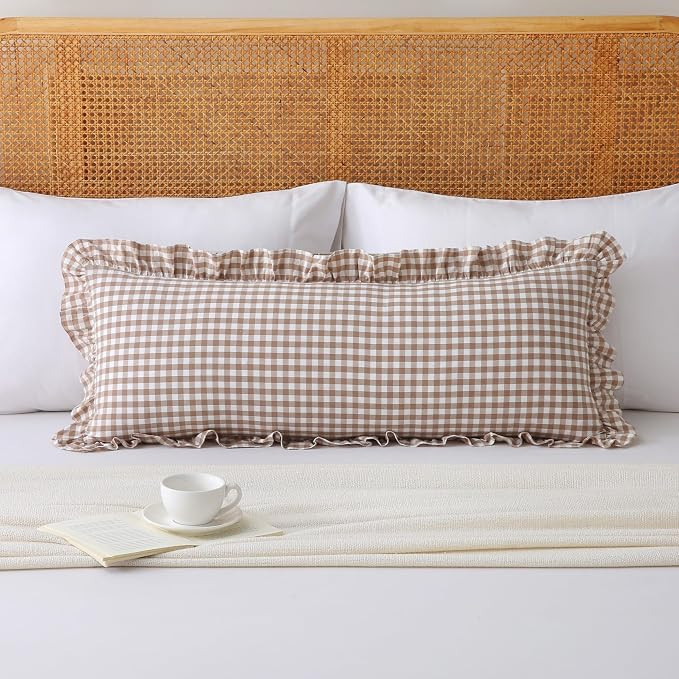 Lumbar Pillow Cover, Warm Taupe Gingham, 36x14 Inch | Ruffled, 1 Pack | Amazon (US)