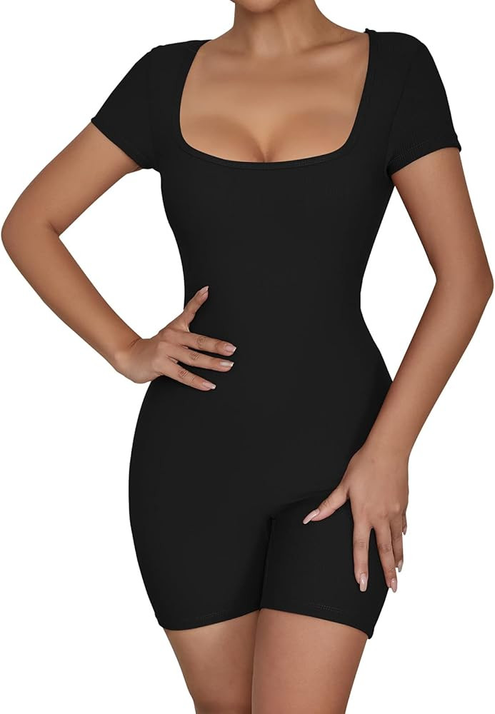 VUTRU Womens Sexy One Piece Square Neck Tank Top Short Sleeve Bodycon Shorts Jumpsuits Bodysuit R... | Amazon (US)