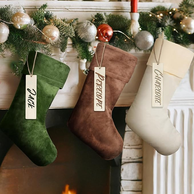 3 Sets Velvet Christmas Stockings Aesthetic Xmas Stockings with Personalized Blank Wooden Name Ta... | Amazon (US)