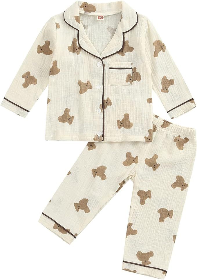 BULINGNA Kids Toddler Girl Boy Two Piece Pajamas Set Button Down Pajama Shirt Top Pants Shorts Be... | Amazon (US)