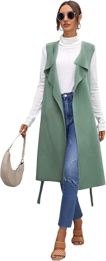 SheIn Women's Draped Open Front Sleeveless Cardigan Longline Belted Outerwear Duster Vest | Amazon (US)